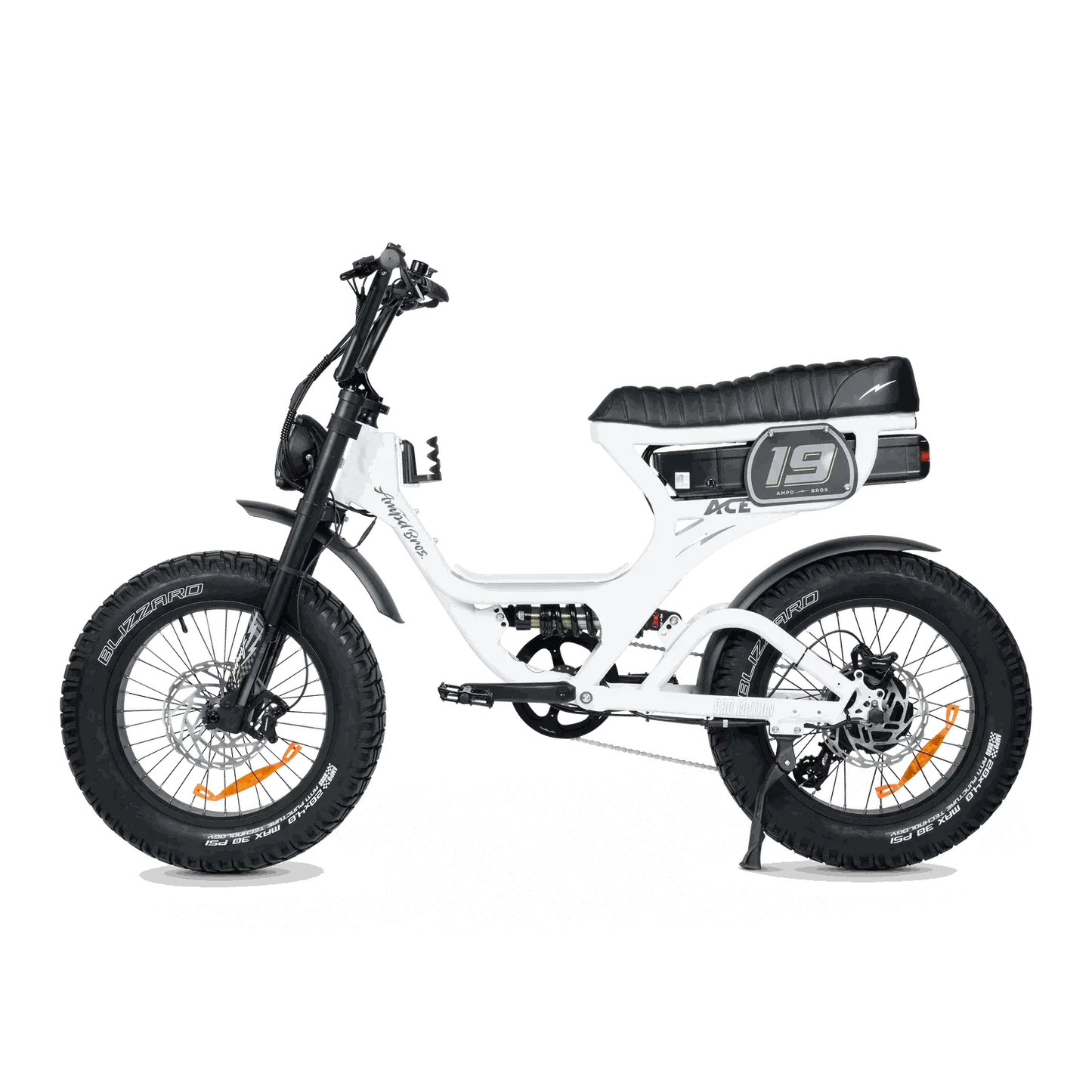Ampd Bros ACE-S PRO Step-Through dual suspension electric bike in matte black with fat tyres and hydraulic disc brakes
