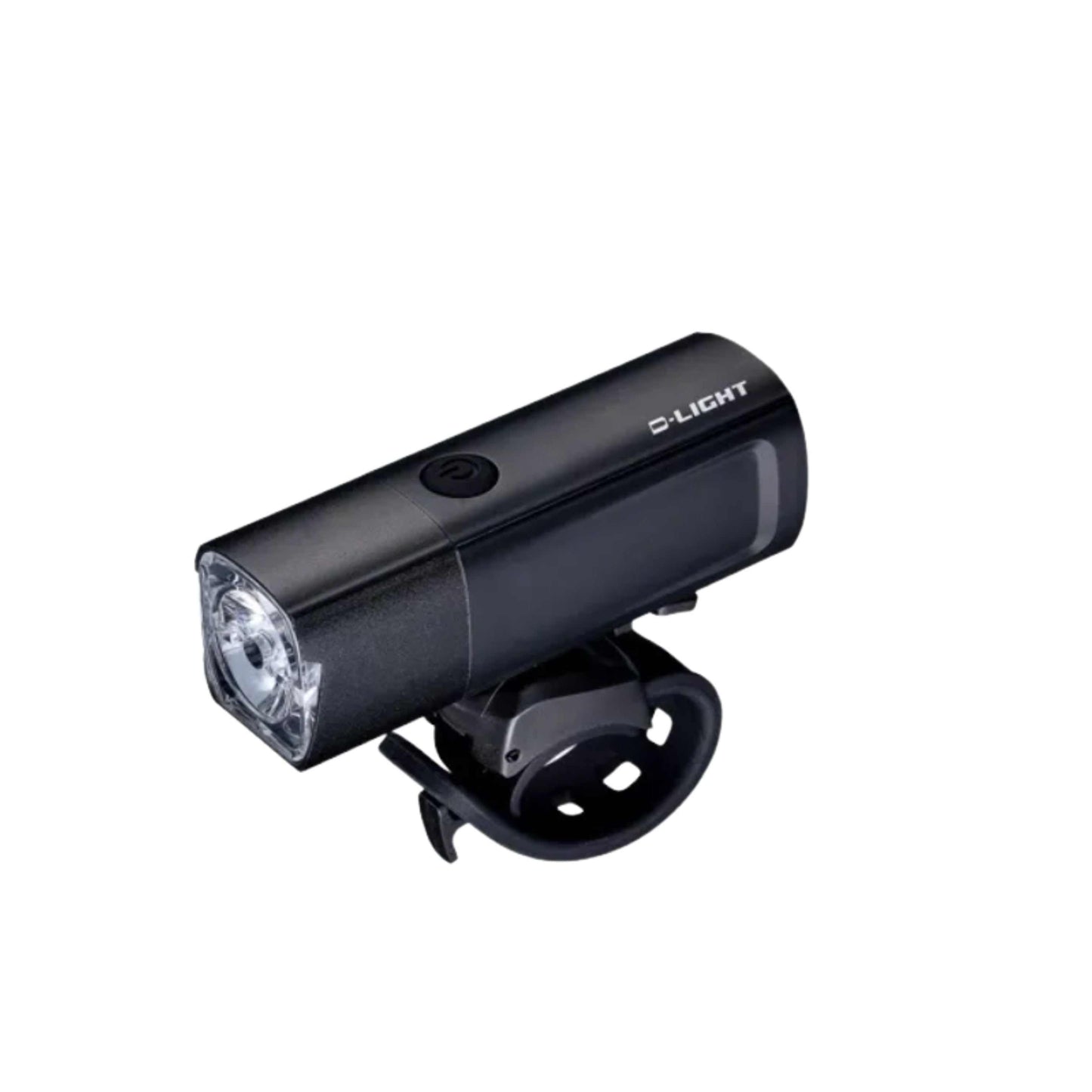 Black bicycle front light with 800 lumen white LED, USB rechargeable, and adjustable bracket