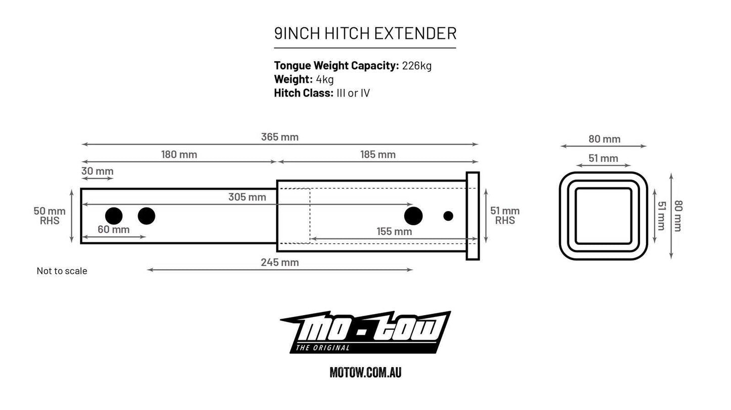 Mo-Tow HITCH EXTENDER 9 INCH (228mm) FITS INTO 50 X 50 HITCH RECEIVER