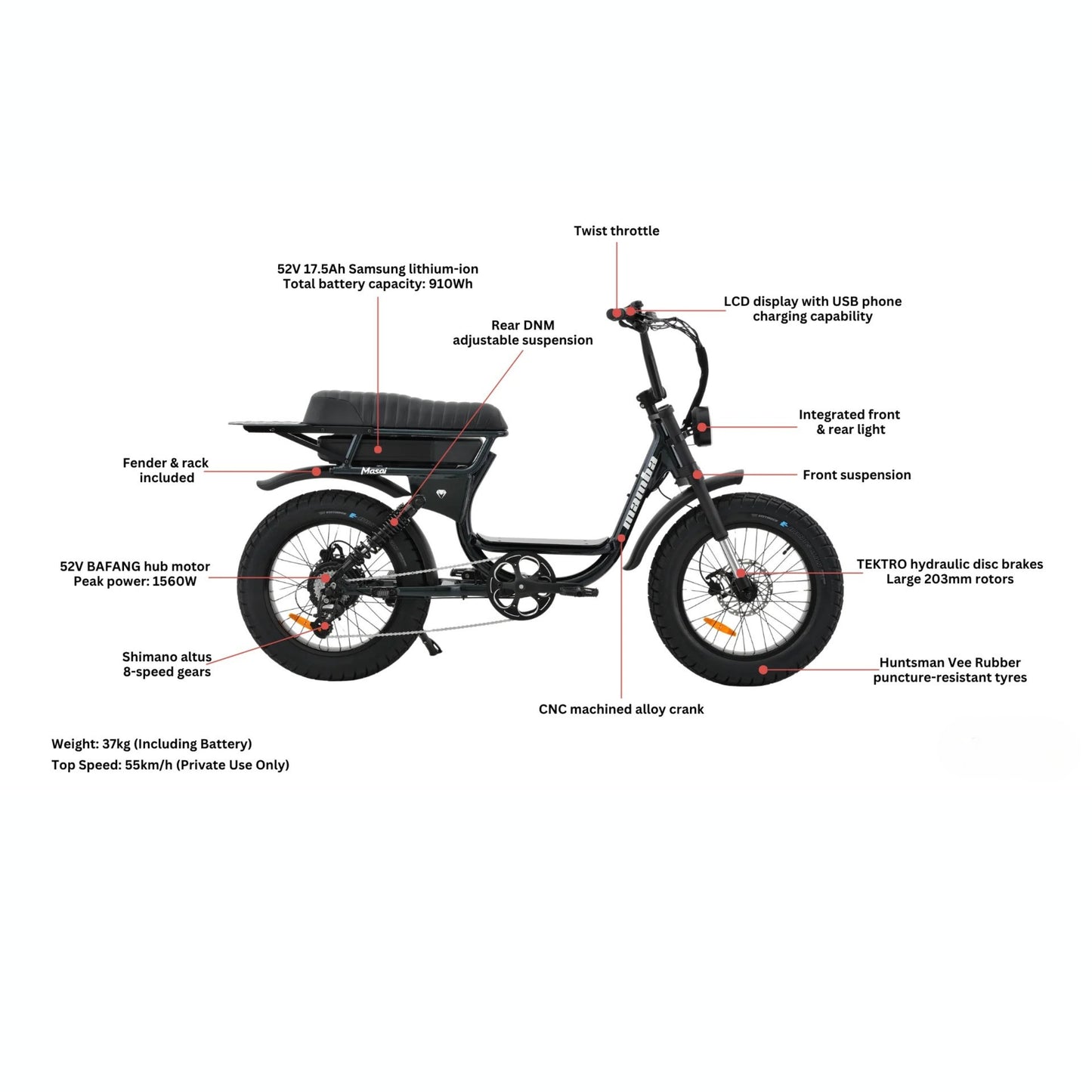 Mamba Masai Step Through Dual Seat Fat Tyre Electric Bike