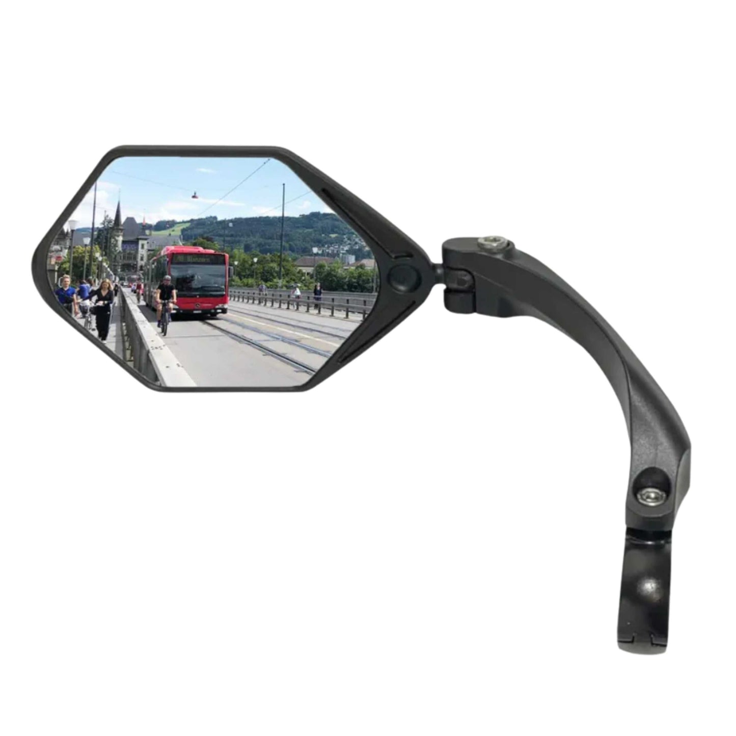 Bicycle left hand mirror mounted on handlebars for enhanced rear visibility and safety