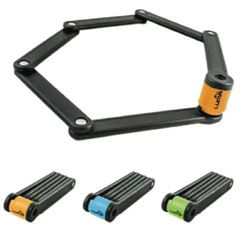 Luma High Security Folding Lock with hardened steel links and orange highlights for bike protection