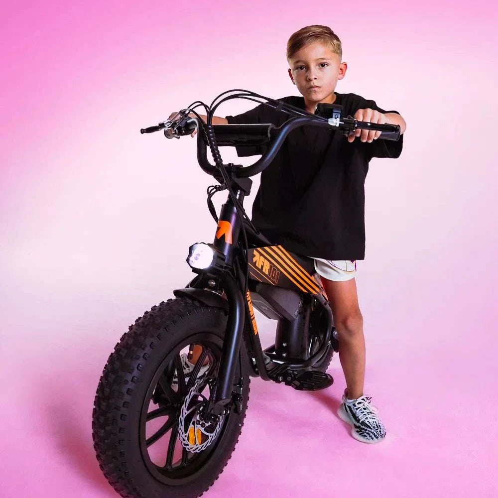 Flight Risk FR101 compact electric e-bike for kids aged 4-7 with 250W motor, disc brakes, and customizable stickers