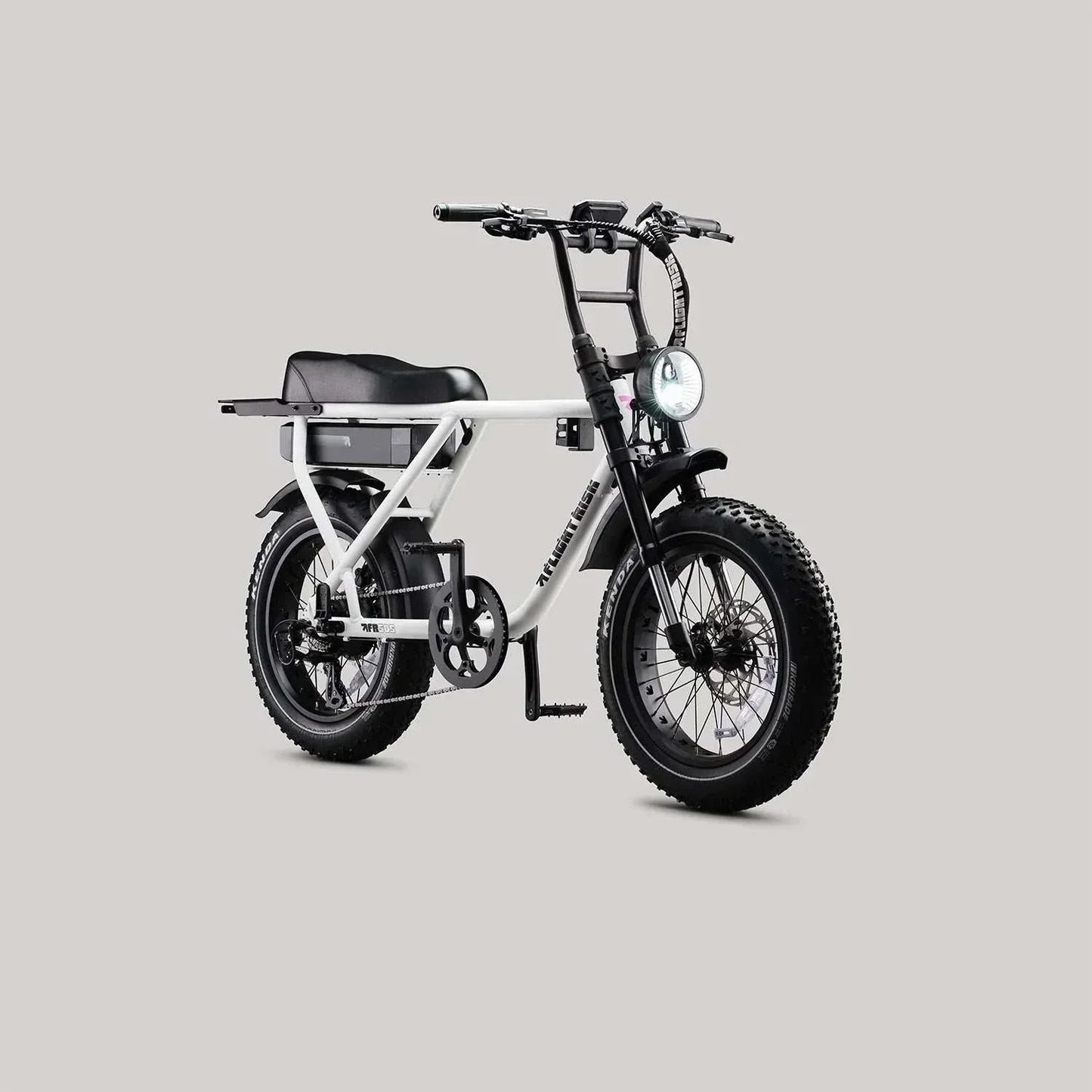 Flight Risk FR505 lightweight full-frame eBike with GPS, geofencing, blinkers, 2-year warranty, 250W Bafang motor, 48V Samsung battery, 25km/h speed limit, front suspension, Shimano 7-speed, 20" Kenda tyres, hydraulic disc brakes, 80km range.