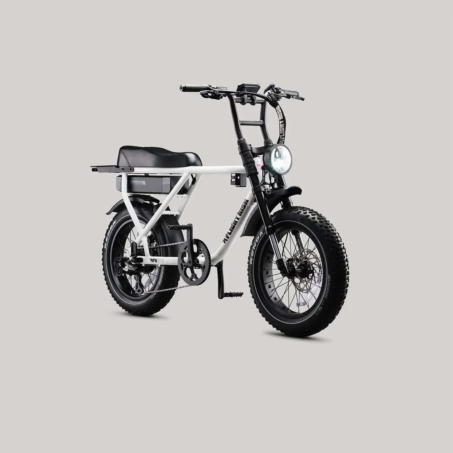 Flight Risk FR505 lightweight full-frame eBike with GPS, geofencing, blinkers, 2-year warranty, 250W Bafang motor, 48V Samsung battery, 25km/h speed limit, front suspension, Shimano 7-speed, 20" Kenda tyres, hydraulic disc brakes, 80km range.