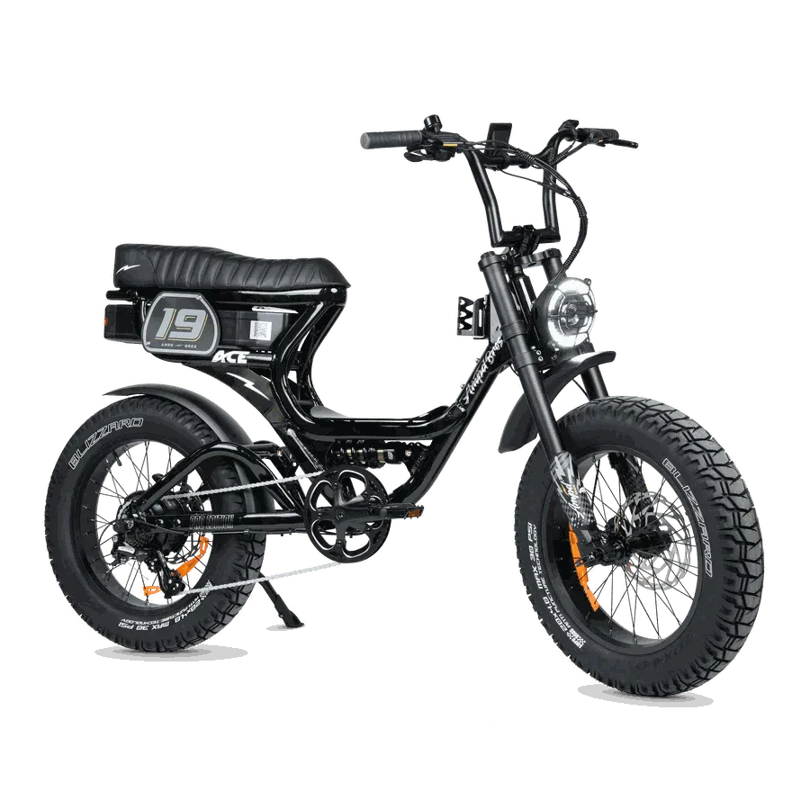 Ampd Bros ACE-S PRO Step-Through dual suspension electric bike in matte black with fat tires and premium features