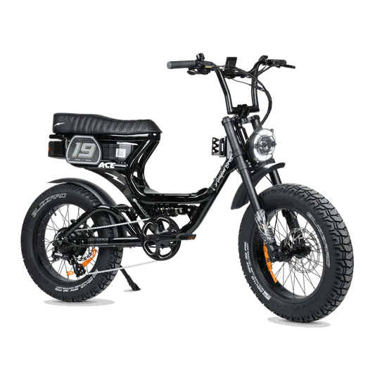 Ampd Bros ACE-S PRO Step-Through dual suspension electric bike in matte black with fat tires and premium features