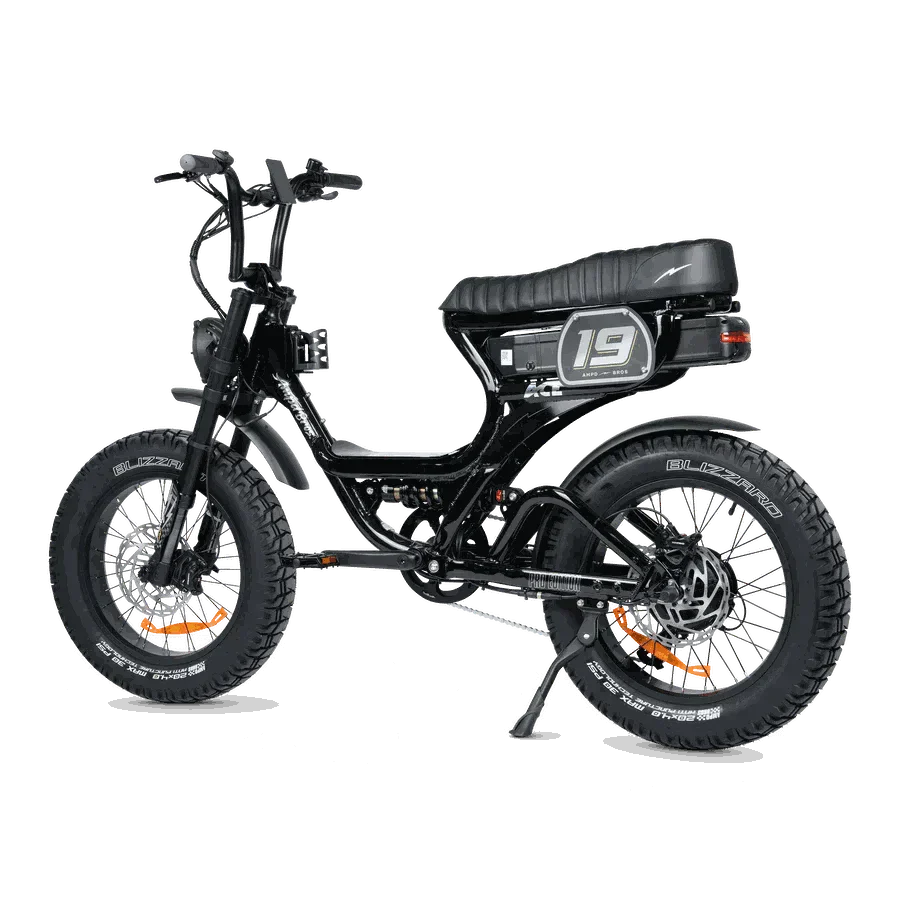 Ampd Bros ACE-S PRO Step-Through dual suspension electric fat tire bike in matte black on urban street background