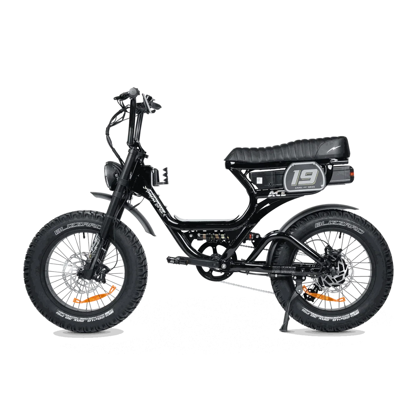 Ampd Bros ACE-S PRO Step-Through dual suspension electric bike in matte black with fat tyres and advanced features