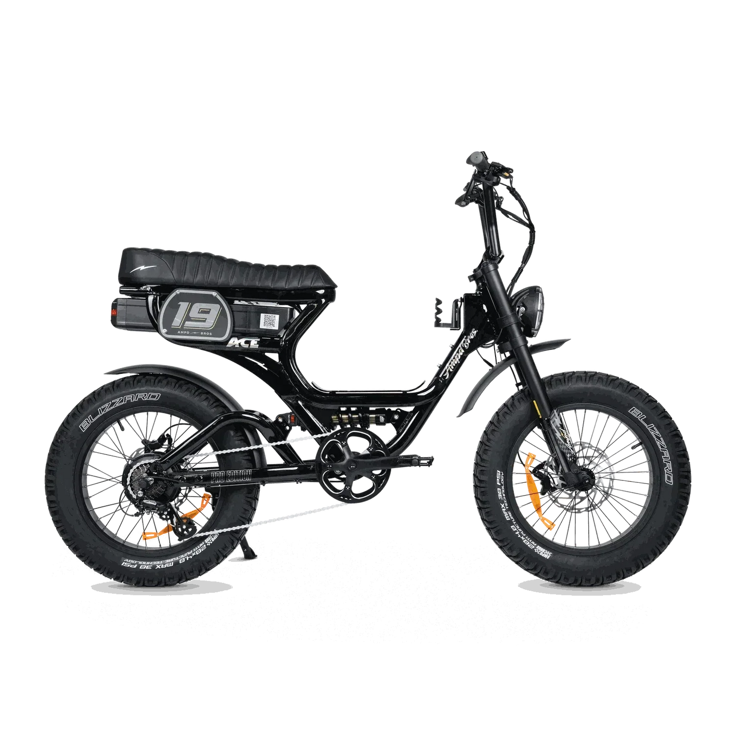 Ampd Bros ACE-S PRO Step-Through dual suspension electric fat tire bike in matte black with 20-inch wheels and hydraulic disc brakes