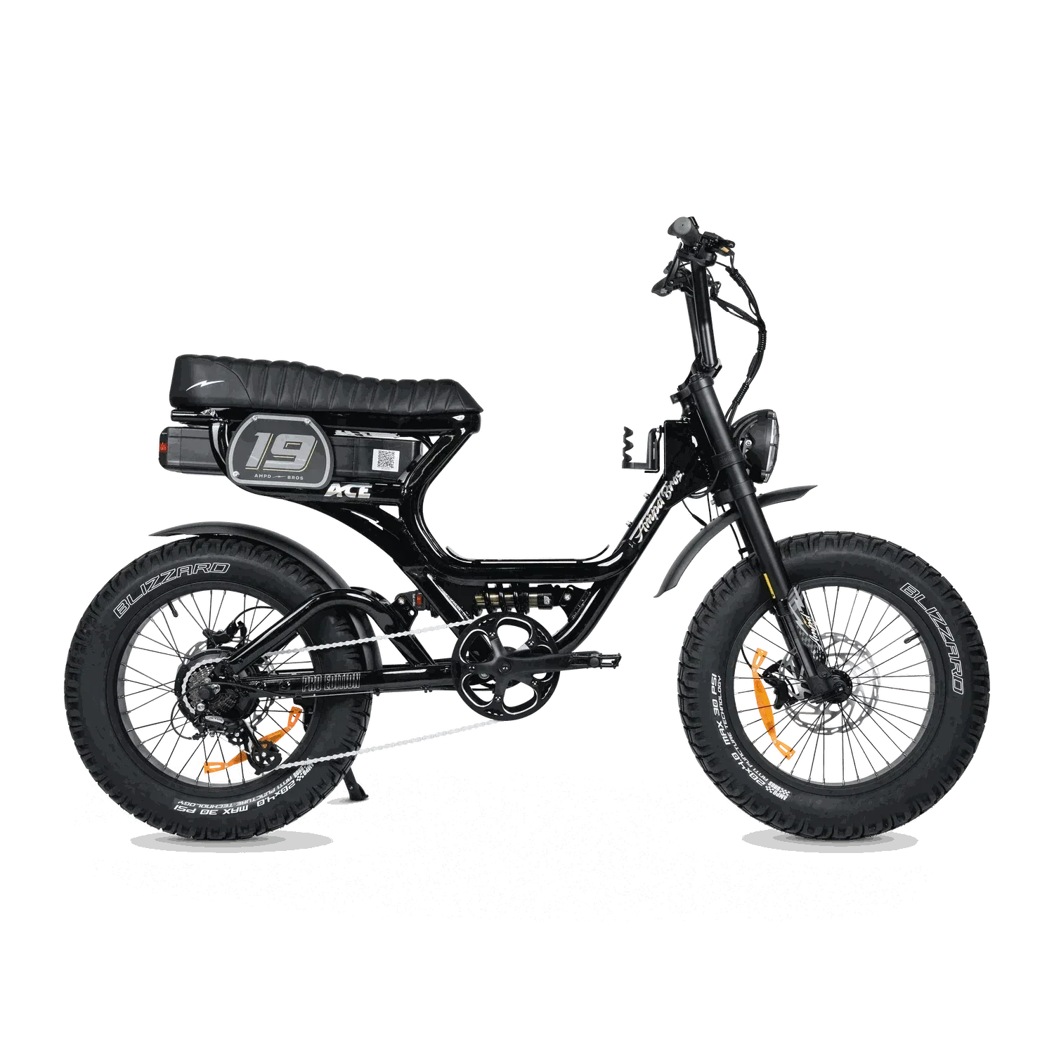 Ampd Bros ACE-S PRO Step-Through dual suspension electric fat tire bike in matte black with 20-inch wheels and hydraulic disc brakes