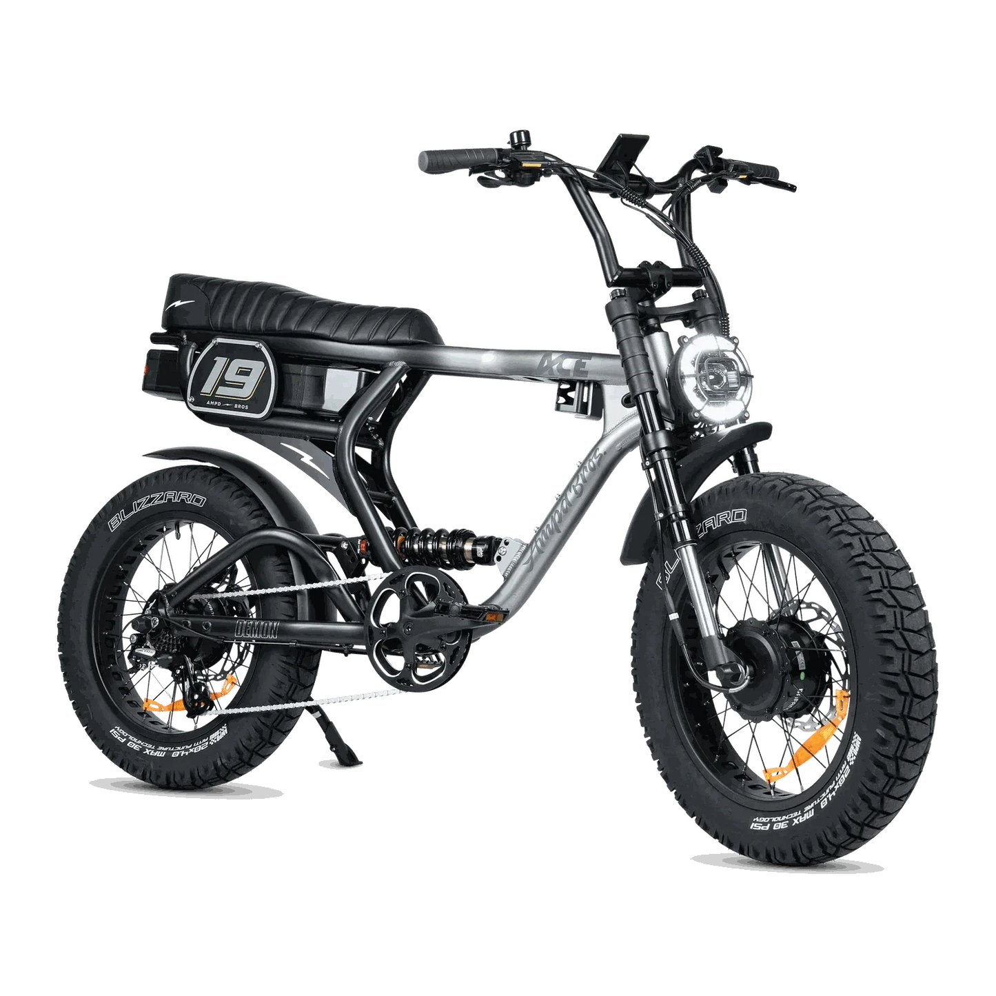 Ampd Bros ACE-X Demon Series 5 dual motor electric bike in matte black with dual suspension and integrated battery lights