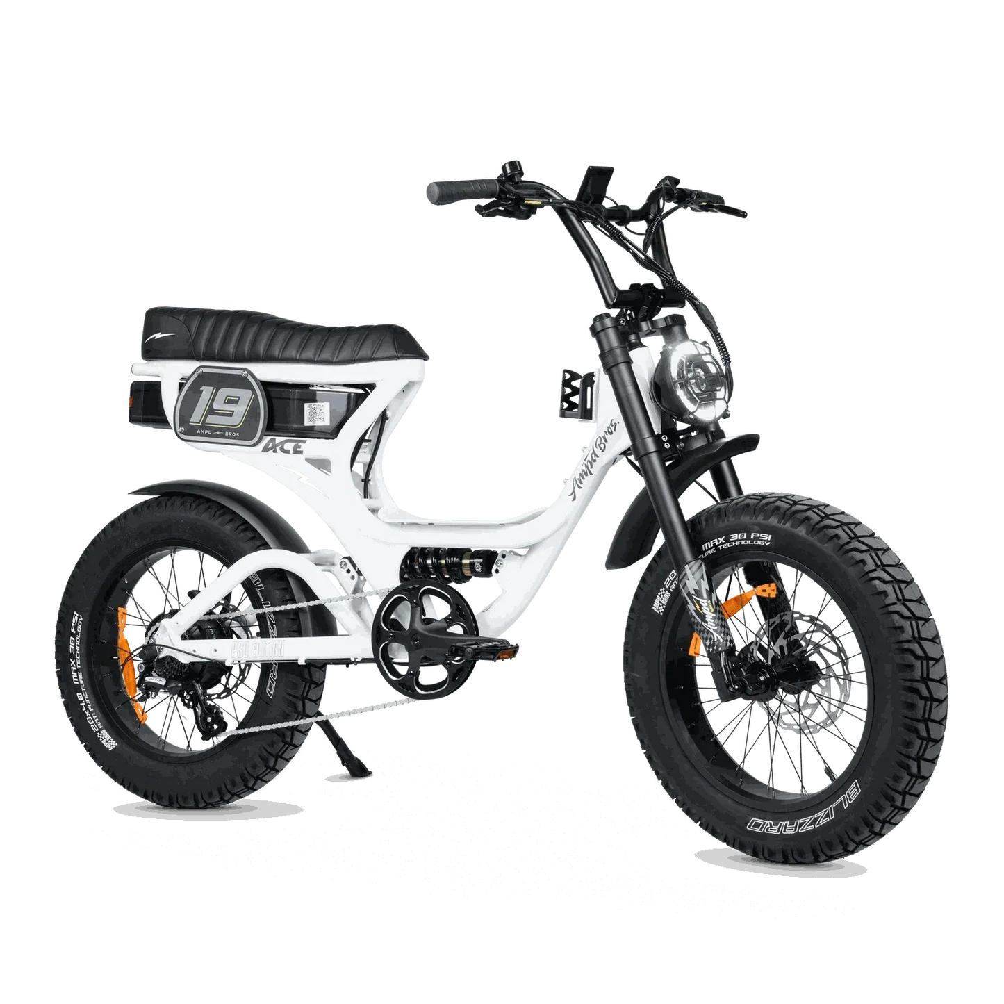 Ampd Bros ACE-S PRO Step-Through dual suspension electric bike in matte black with fat tires and hydraulic disc brakes