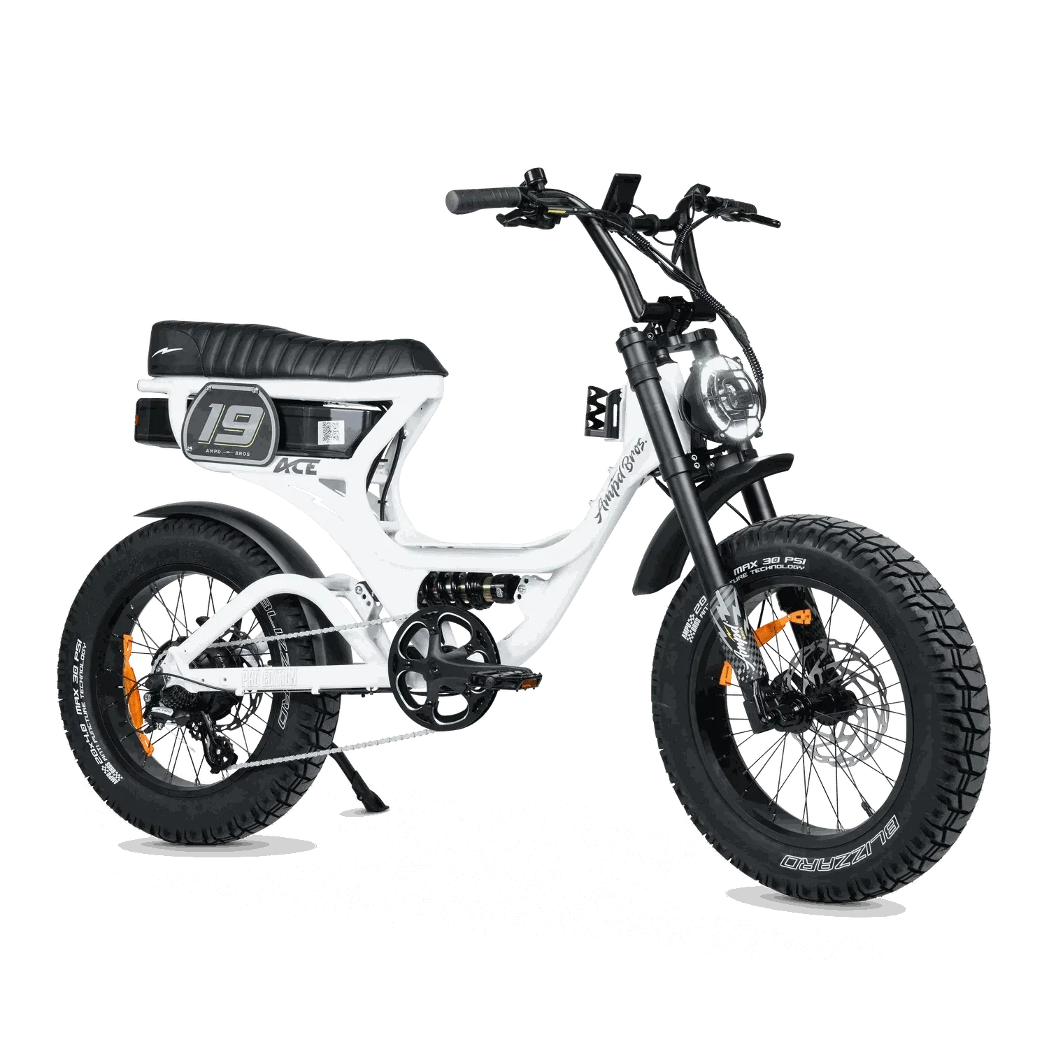 Ampd Bros ACE-S PRO Step-Through dual suspension electric bike in matte black with fat tires and hydraulic disc brakes