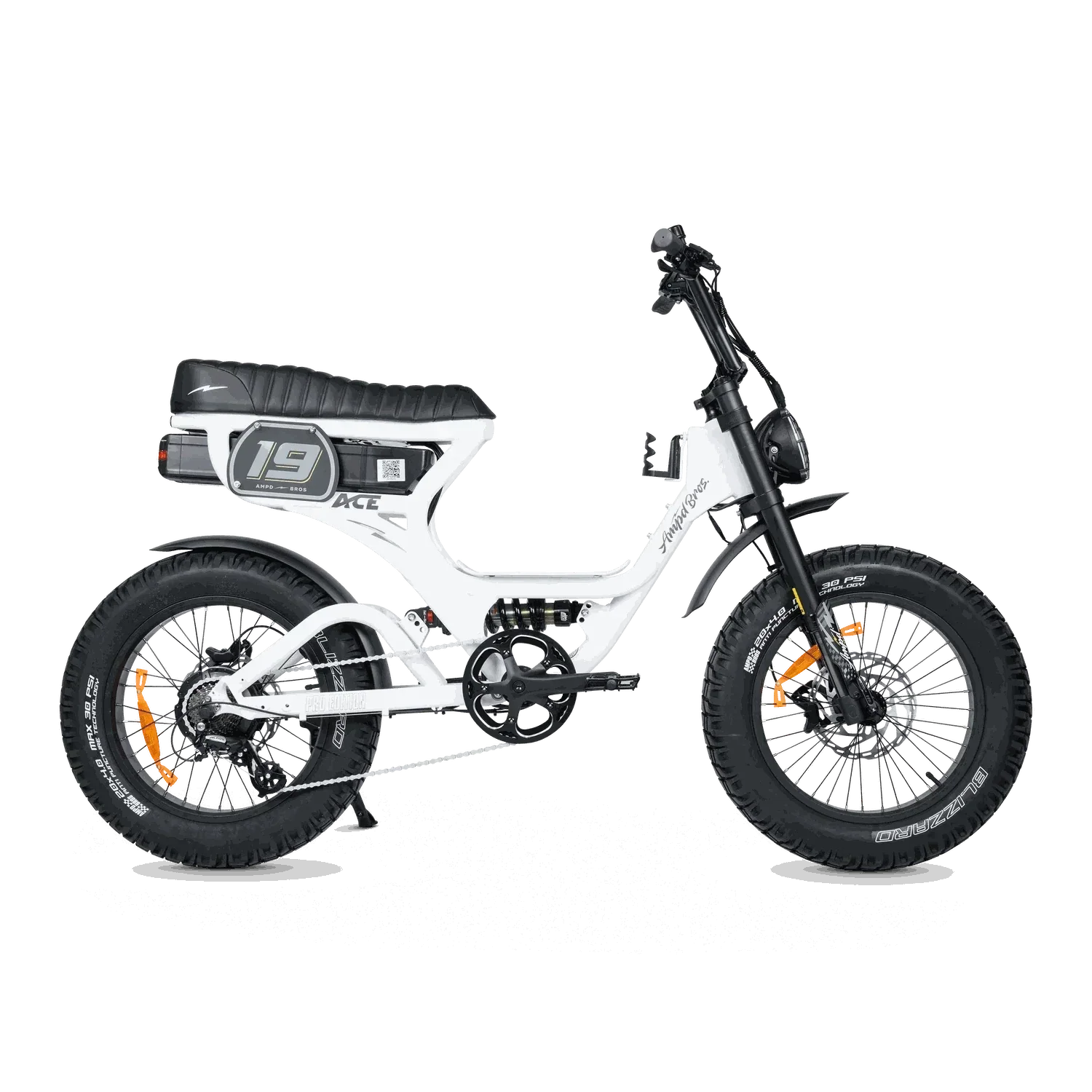 Ampd Bros ACE-S PRO Step-Through dual suspension electric bike in matte black with fat tires and hydraulic disc brakes