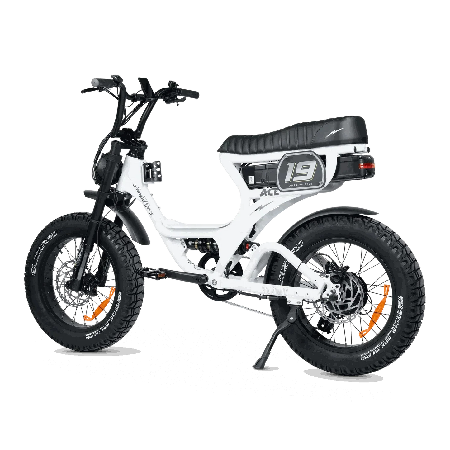 Ampd Bros ACE-S PRO Step-Through dual suspension electric bike in matte black with fat tyres and Shimano 7-speed drivetrain