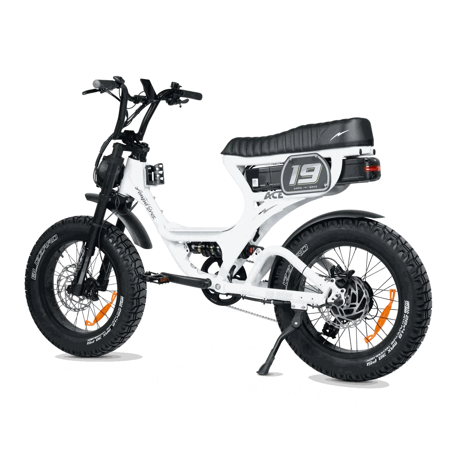 Ampd Bros ACE-S PRO Step-Through dual suspension electric bike in matte black with fat tyres and Shimano 7-speed drivetrain
