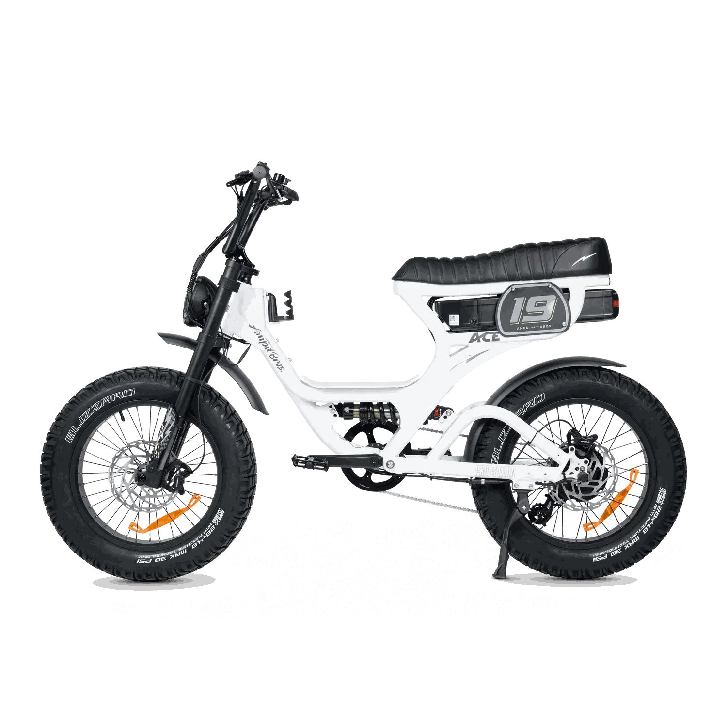 Ampd Bros ACE-S PRO Step-Through dual suspension electric bike in matte black with fat tyres and hydraulic disc brakes