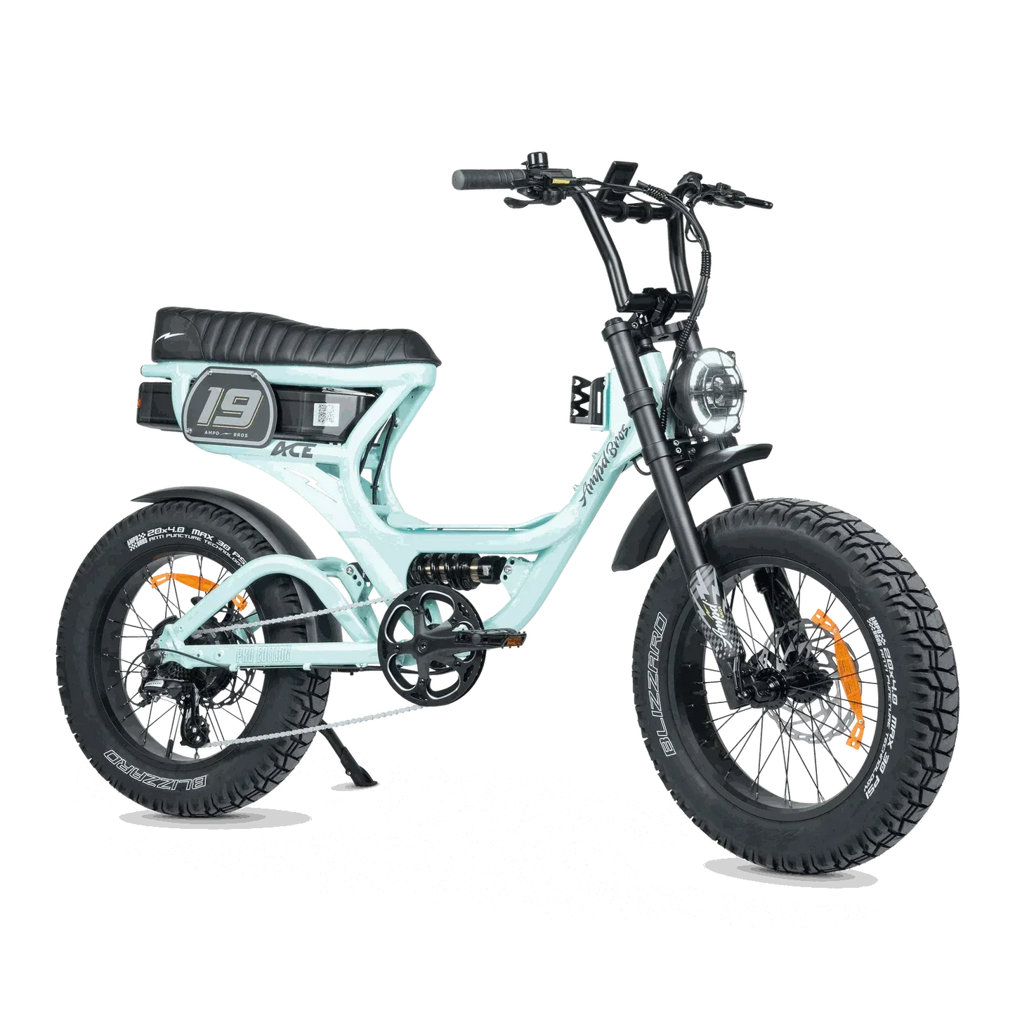 Ampd Bros ACE-S PRO Step-Through dual suspension electric bike in matte black with fat tires and LCD display