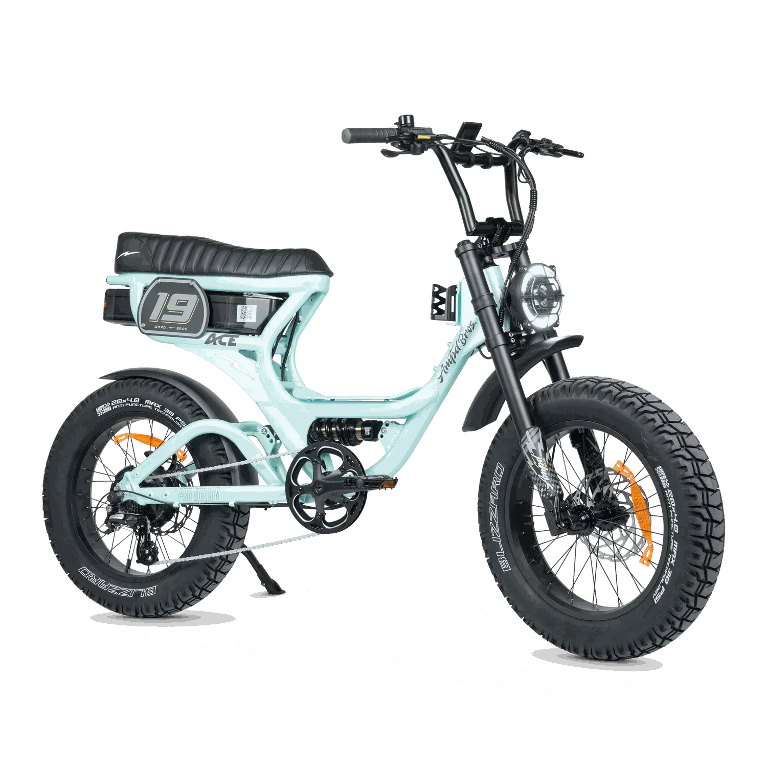 Ampd Bros ACE-S PRO Step-Through dual suspension electric bike in matte black with fat tires and LCD display