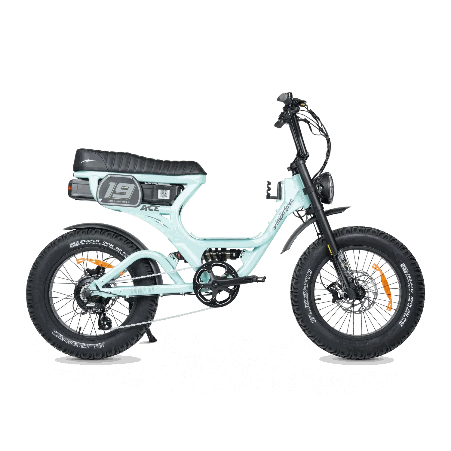 Ampd Bros ACE-S PRO Step-Through dual suspension electric bike in matte black with fat tyres and integrated lights