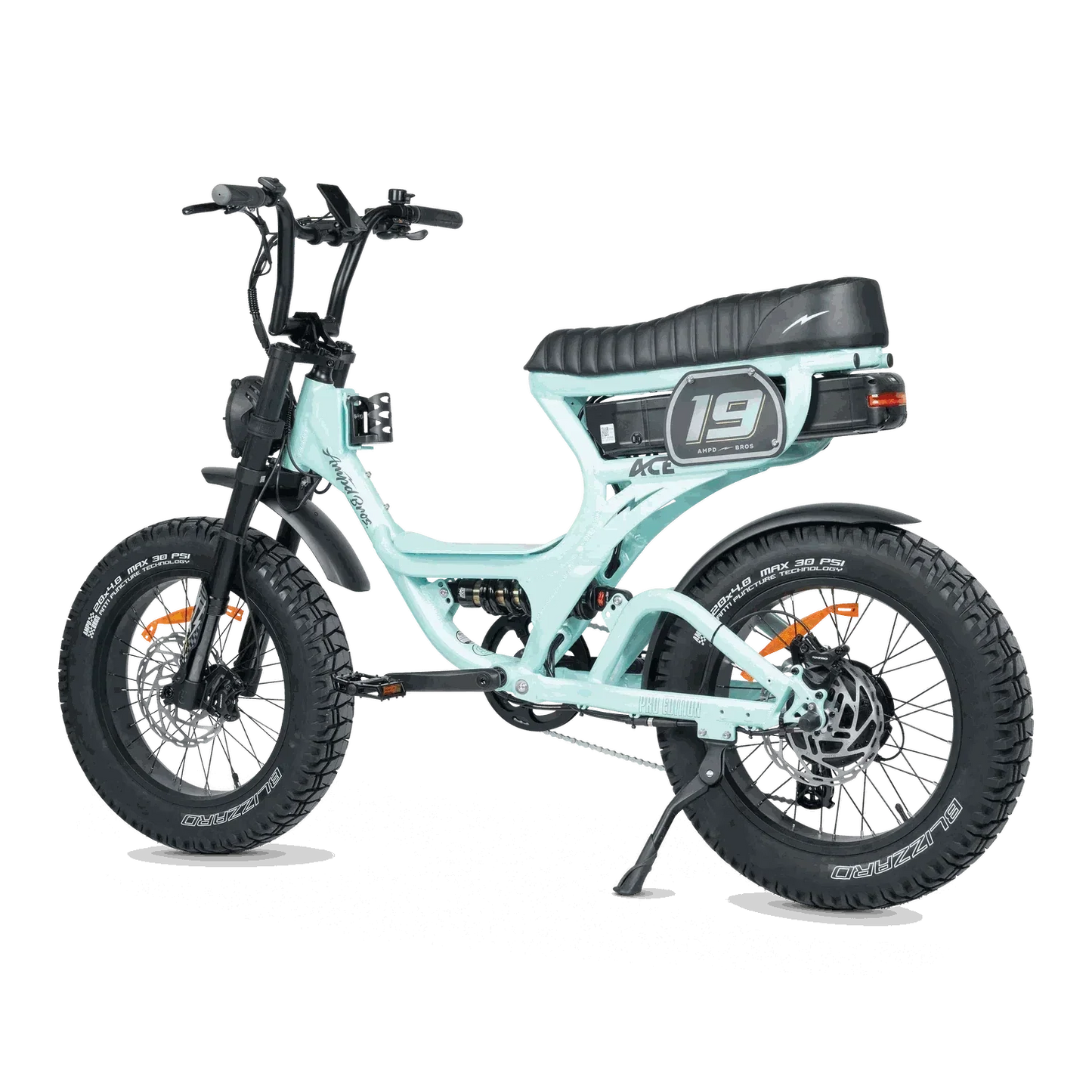 Ampd Bros ACE-S PRO Step-Through electric bike with dual suspension and fat tires in matte black finish