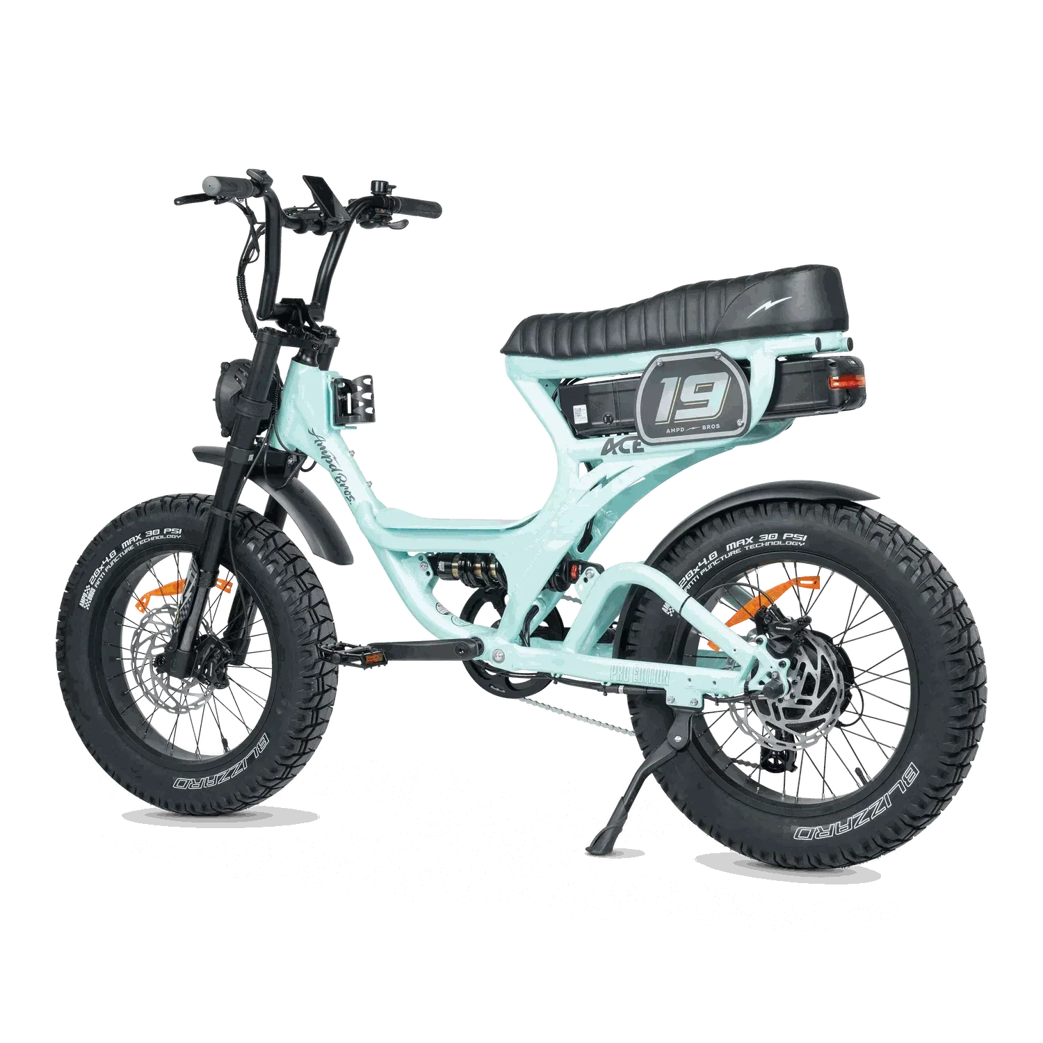 Ampd Bros ACE-S PRO Step-Through electric bike with dual suspension and fat tires in matte black finish