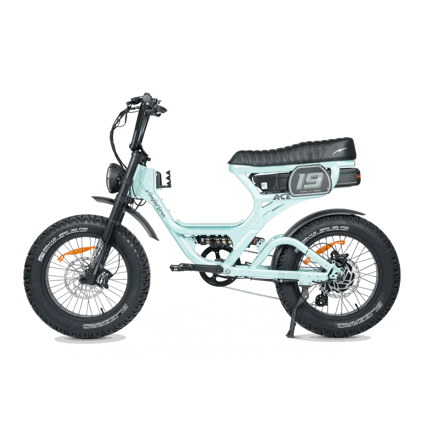 Ampd Bros ACE-S PRO Step-Through dual suspension electric bike in matte black with fat tyres and LCD display