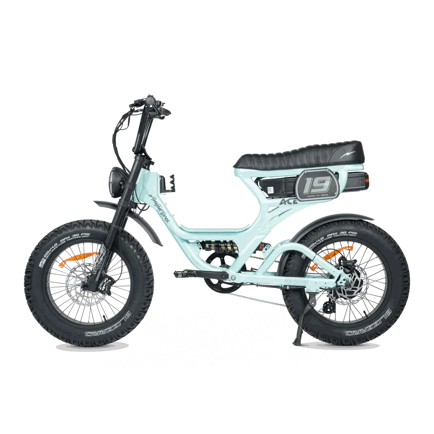 Ampd Bros ACE-S PRO Step-Through dual suspension electric bike in matte black with fat tyres and LCD display