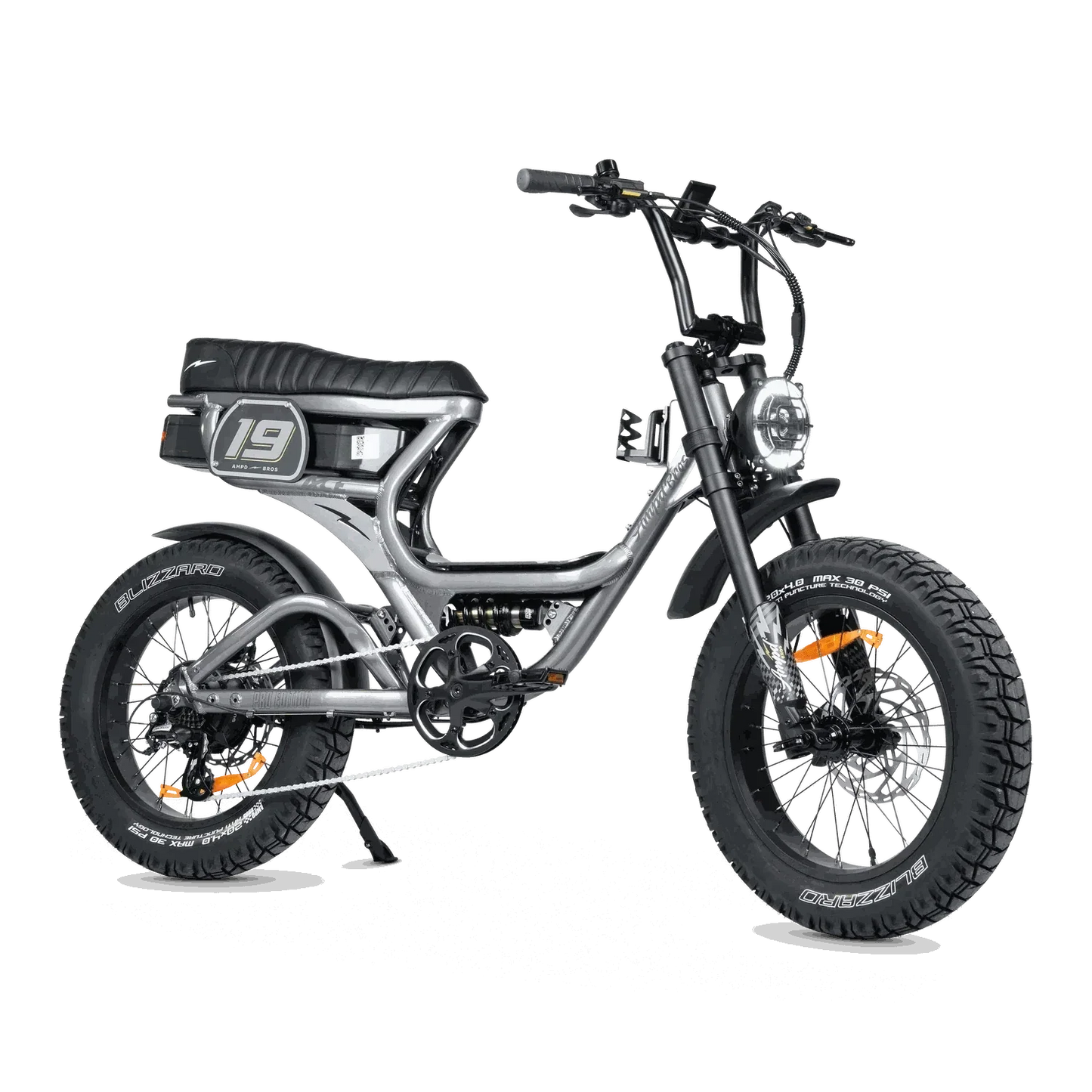 Ampd Bros ACE-S PRO Step-Through dual suspension electric fat tyre bike in matte black with hydraulic disc brakes and LCD display