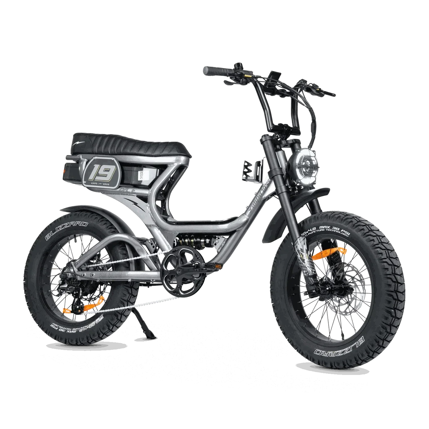 Ampd Bros ACE-S PRO Step-Through dual suspension electric fat tyre bike in matte black with hydraulic disc brakes and LCD display