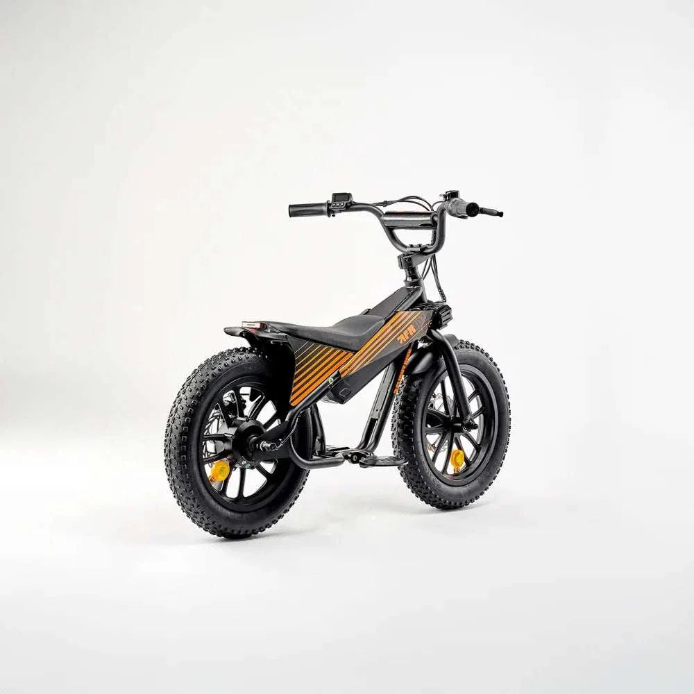 Flight Risk FR101 compact electric e-bike for kids aged 4-7 with 250W motor, disc brakes, and customizable stickers