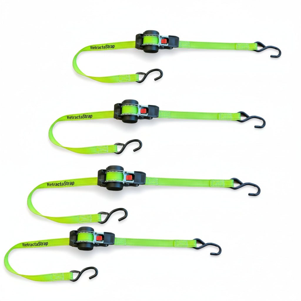 Retractastrap The OG - Retractable Ratchet Straps quad pack in green, 4 x 3m x 25mm straps designed for fast, heavy-duty load securing and tangle-free storage.