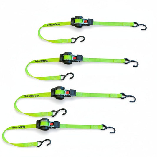 Retractastrap The OG - Retractable Ratchet Straps quad pack in green, 4 x 3m x 25mm straps designed for fast, heavy-duty load securing and tangle-free storage.