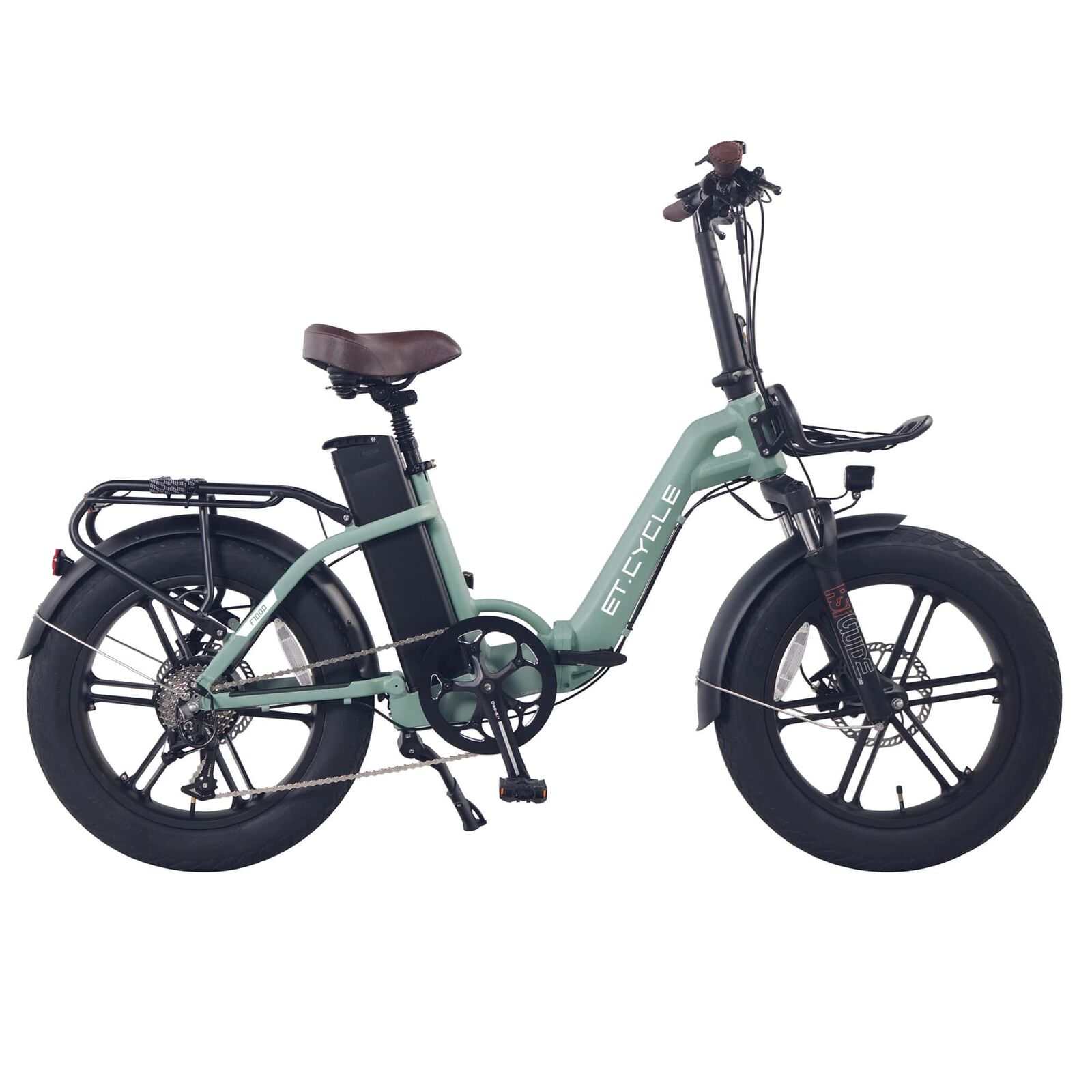 ET. CYCLE F1000 foldable electric bike with 750W motor, 48V 21Ah battery, and fat tyres