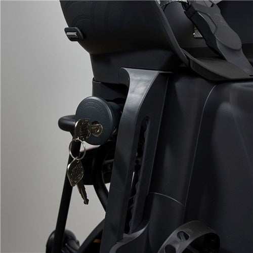 Urban Iki Rear Seat Easyfix child bike seat mounted on rear luggage rack with 5-point safety harness and integrated lock